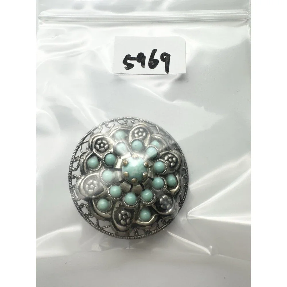 Vintage Faux Turquoise Cabochon Silver Tone Filigree Floral Brooch Pin